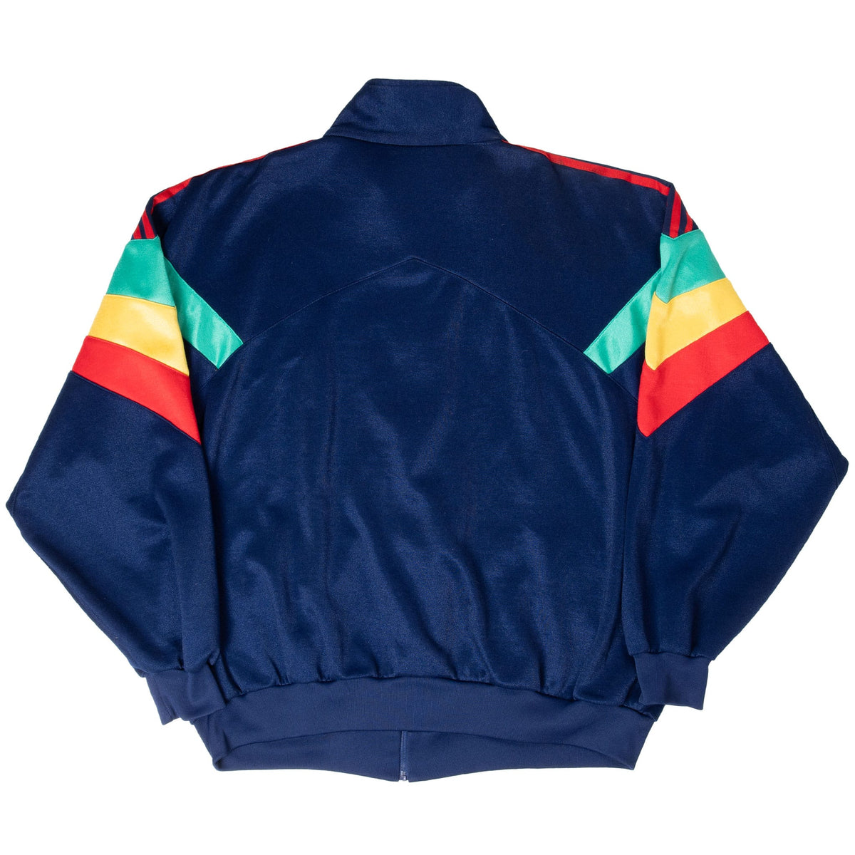 Back of navy adidas Jamaica track jacket with red, yellow and green sleeve panels