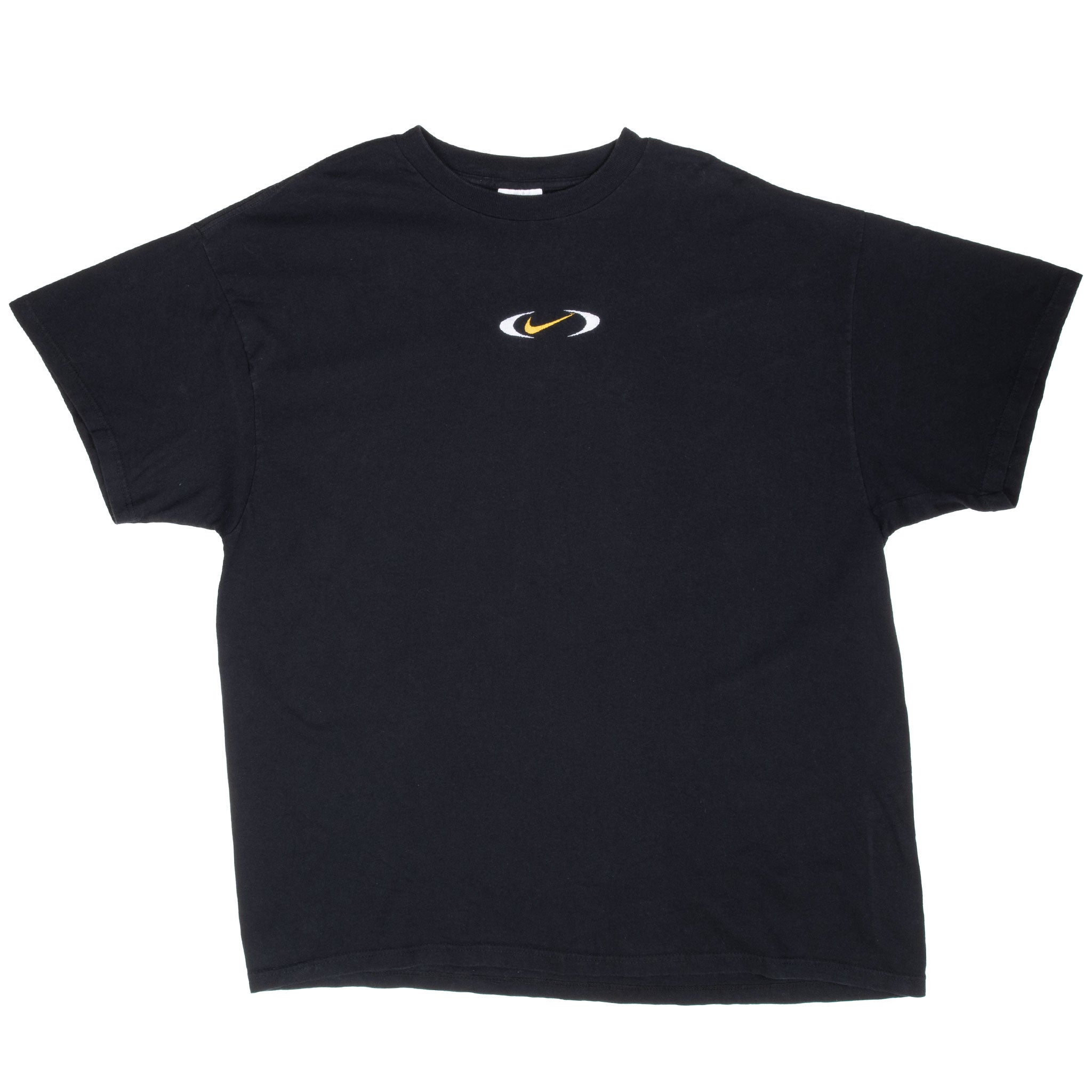 Front of black Nike crewneck T-shirt with centered yellow Swoosh and white oval accents