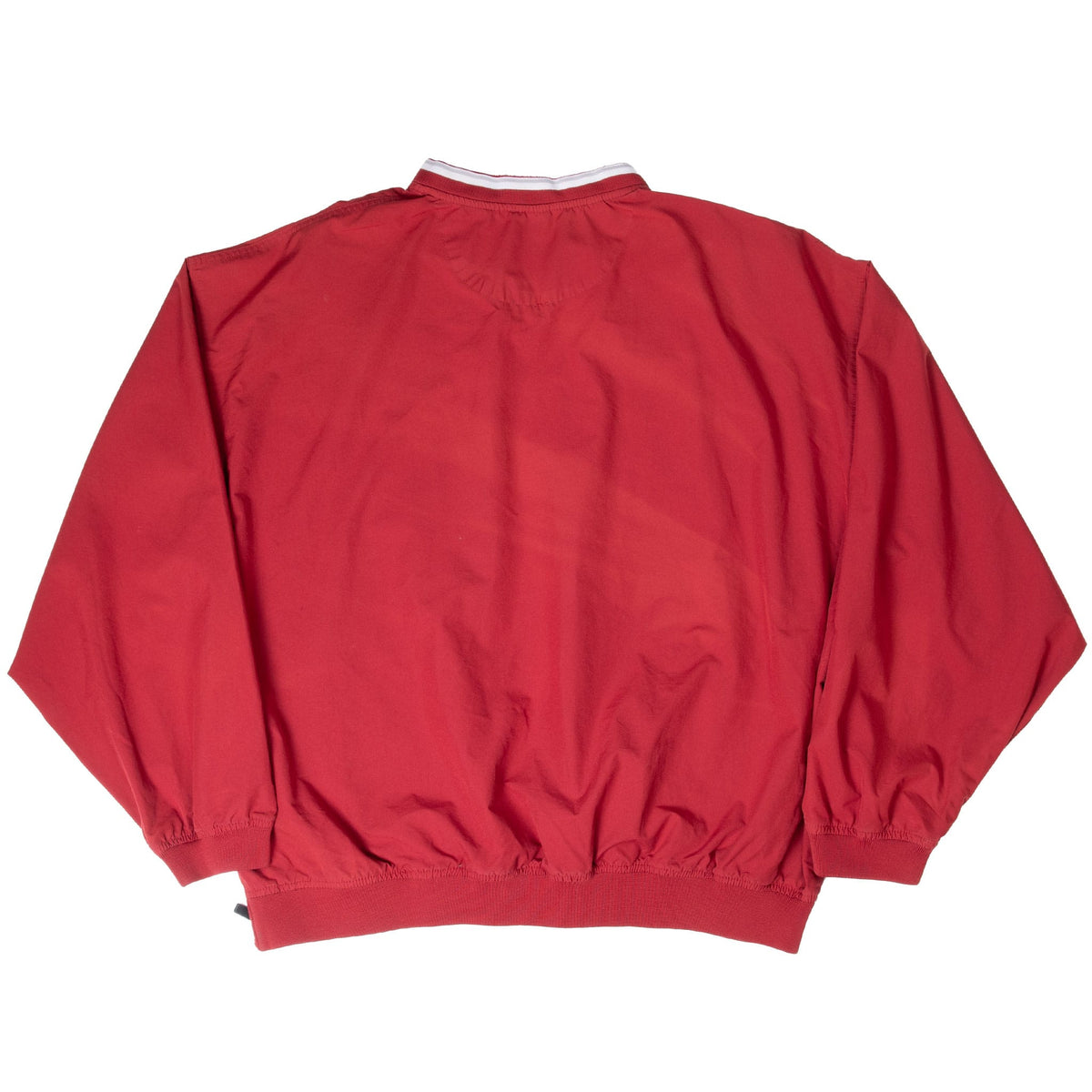 Back of red Nike Oklahoma pullover jacket with ribbed cuffs and hem