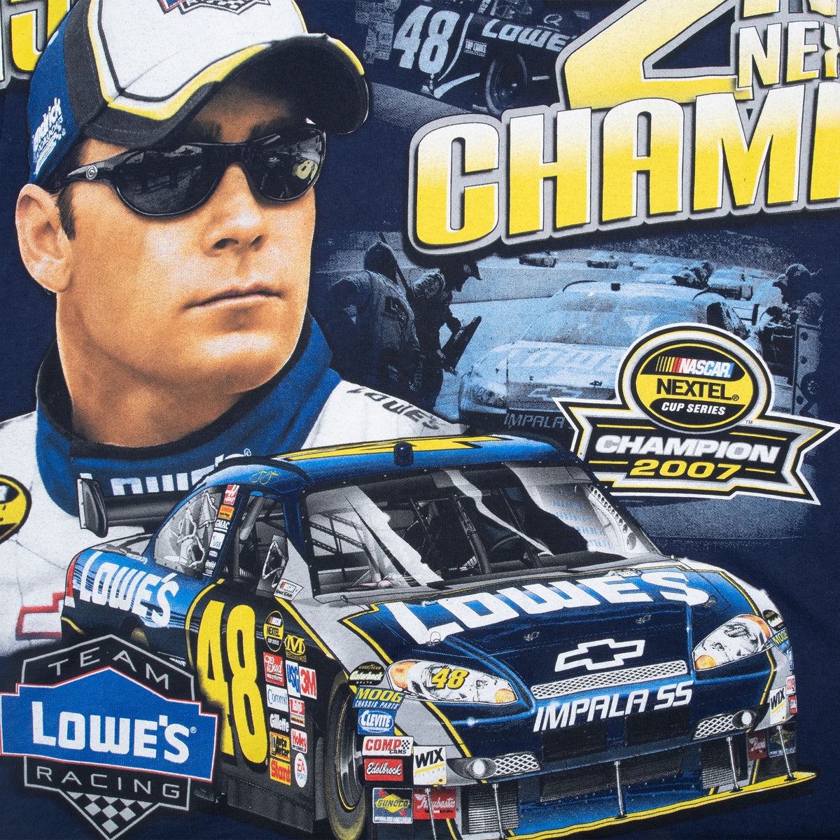 Front print detail with Jimmie Johnson portrait, Lowe's No. 48 car and 2007 champion emblem
