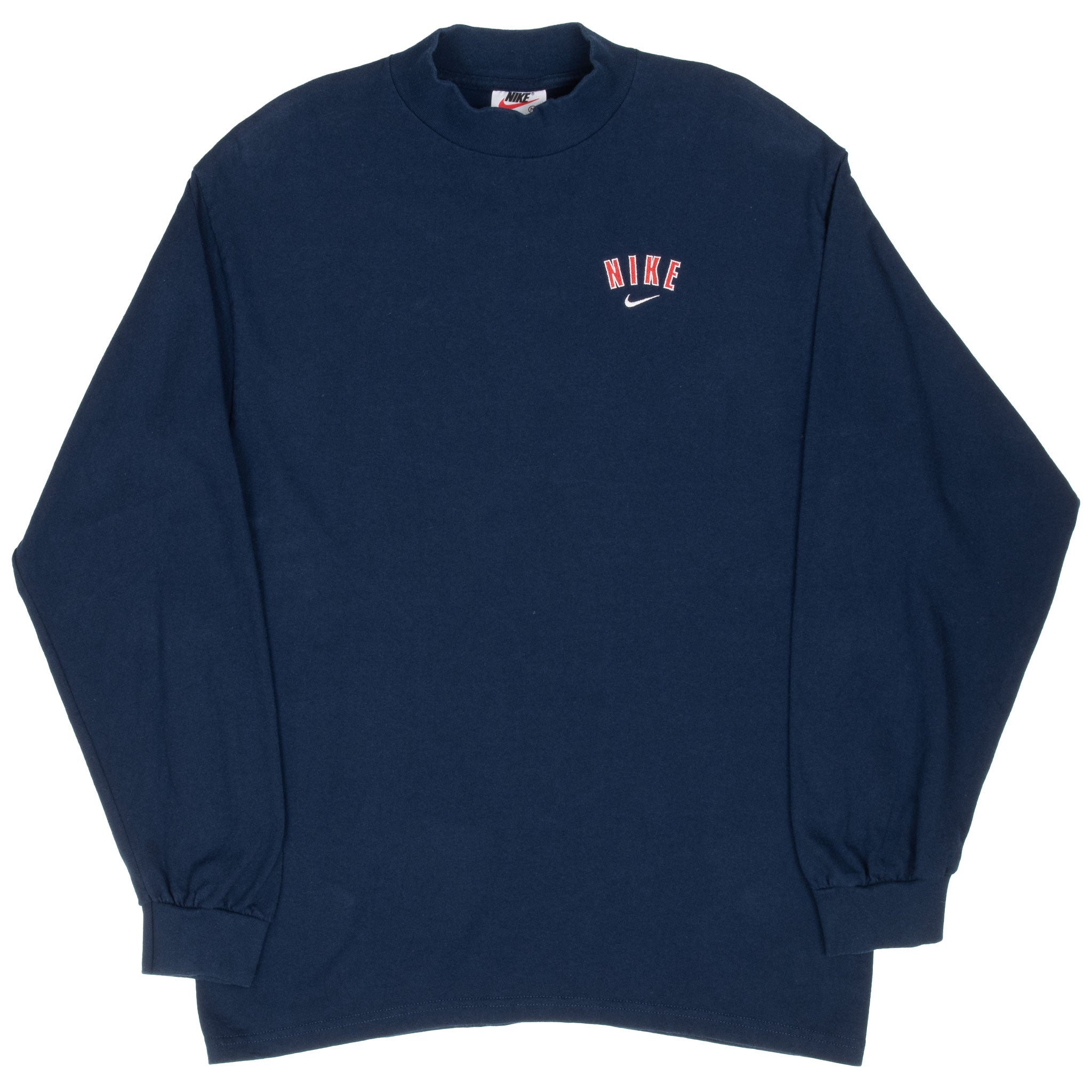 Full front view of blue Nike turtleneck shirt with long sleeves and ribbed cuffs