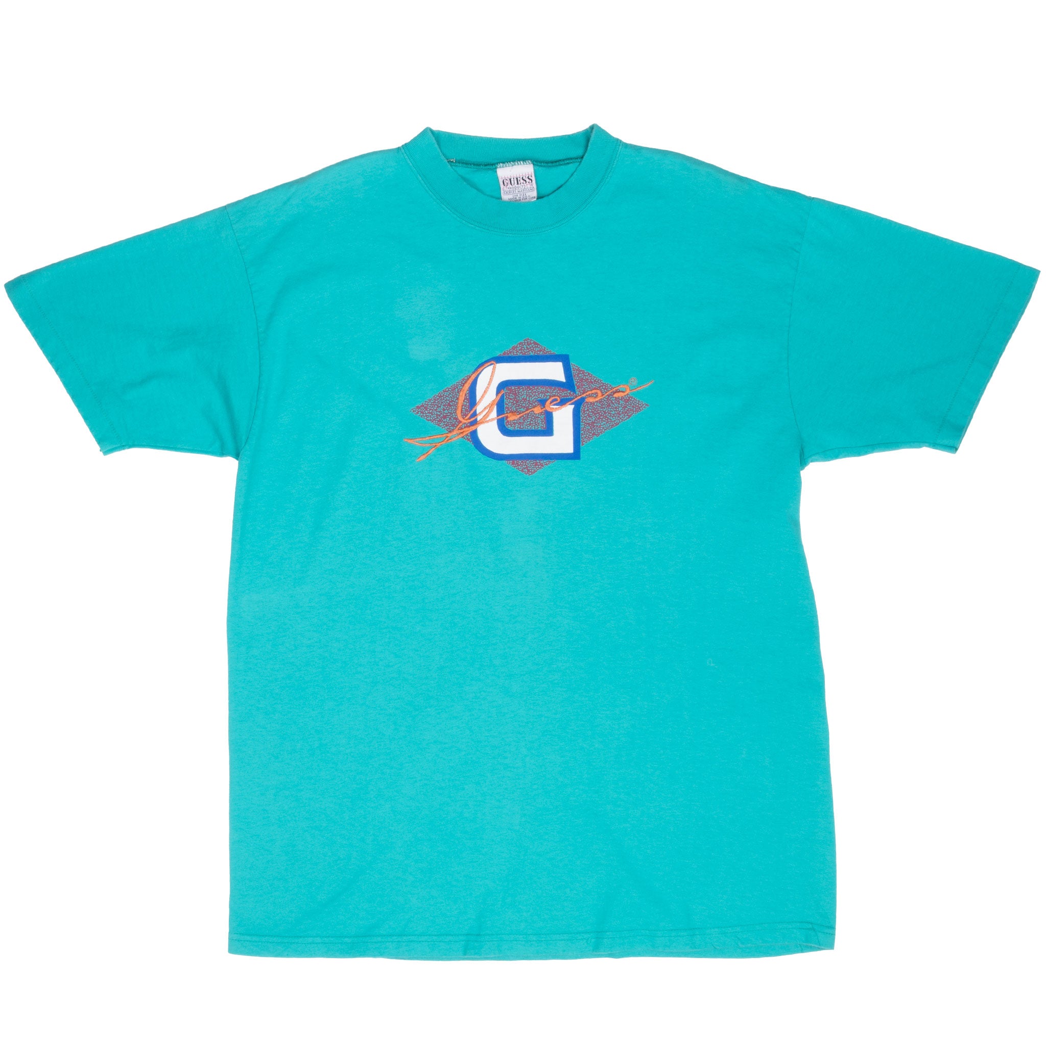Full front of teal Guess T-shirt with embroidered G logo