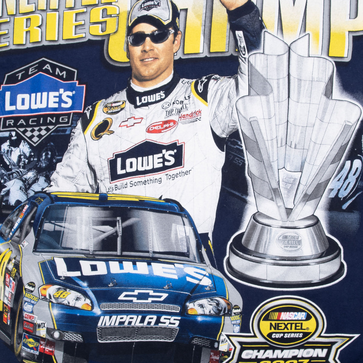Back print detail with Jimmie Johnson, Lowe's No. 48 Impala SS and championship trophy