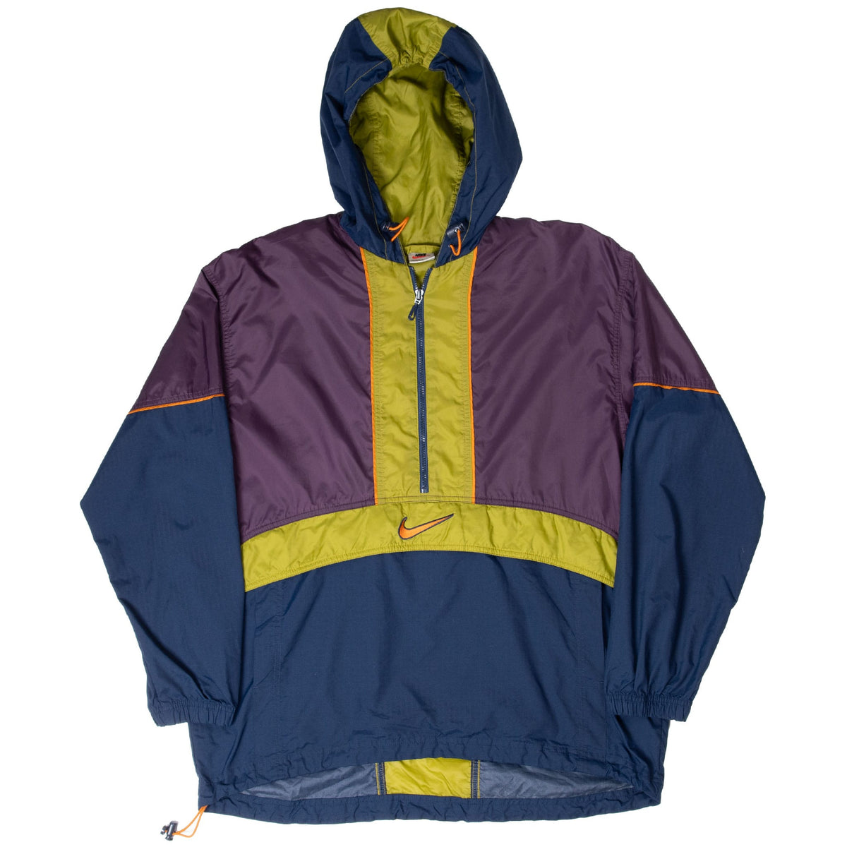 Full front of Nike color-block pullover windbreaker with half zip, hood and drawcord hem