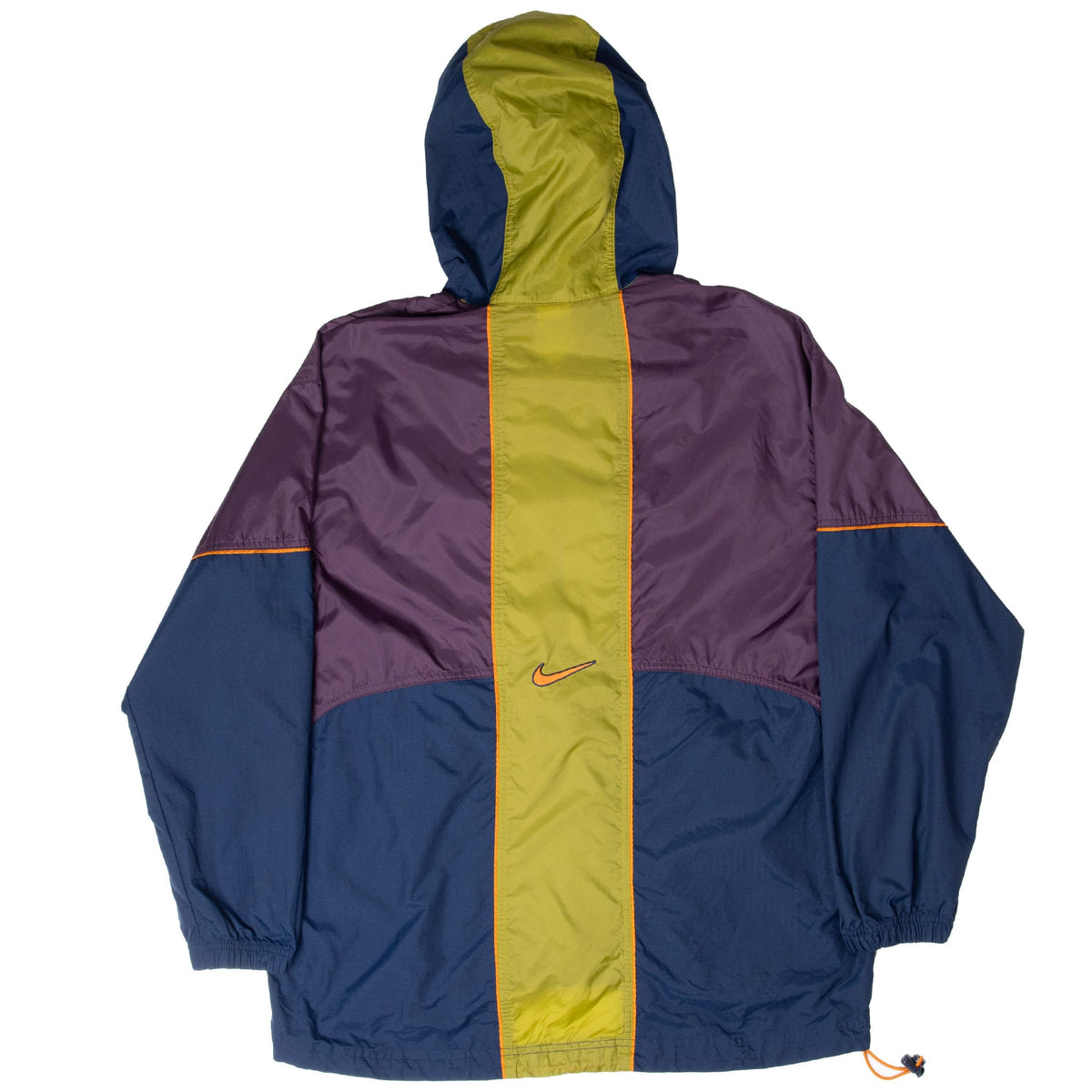 Back of Nike windbreaker in purple, navy and green with orange piping and embroidered Swoosh