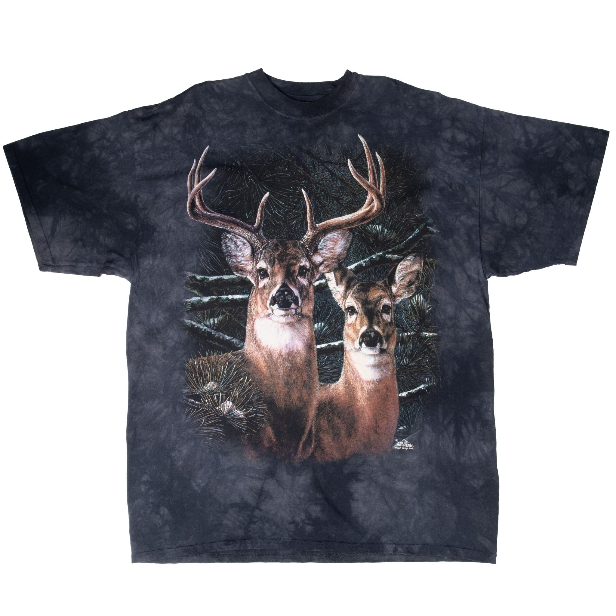 Full front view of black tie-dye The Mountain T-shirt with buck and doe graphic