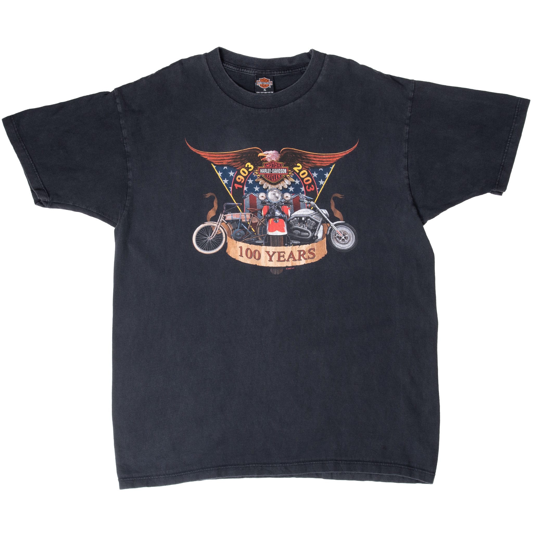 Full front view of black Harley-Davidson 100 Years short-sleeve T-shirt