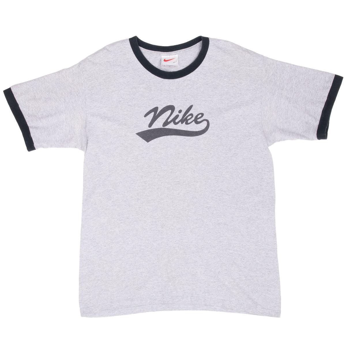 Front of grey Nike ringer T-shirt with black script logo, collar and sleeve trim