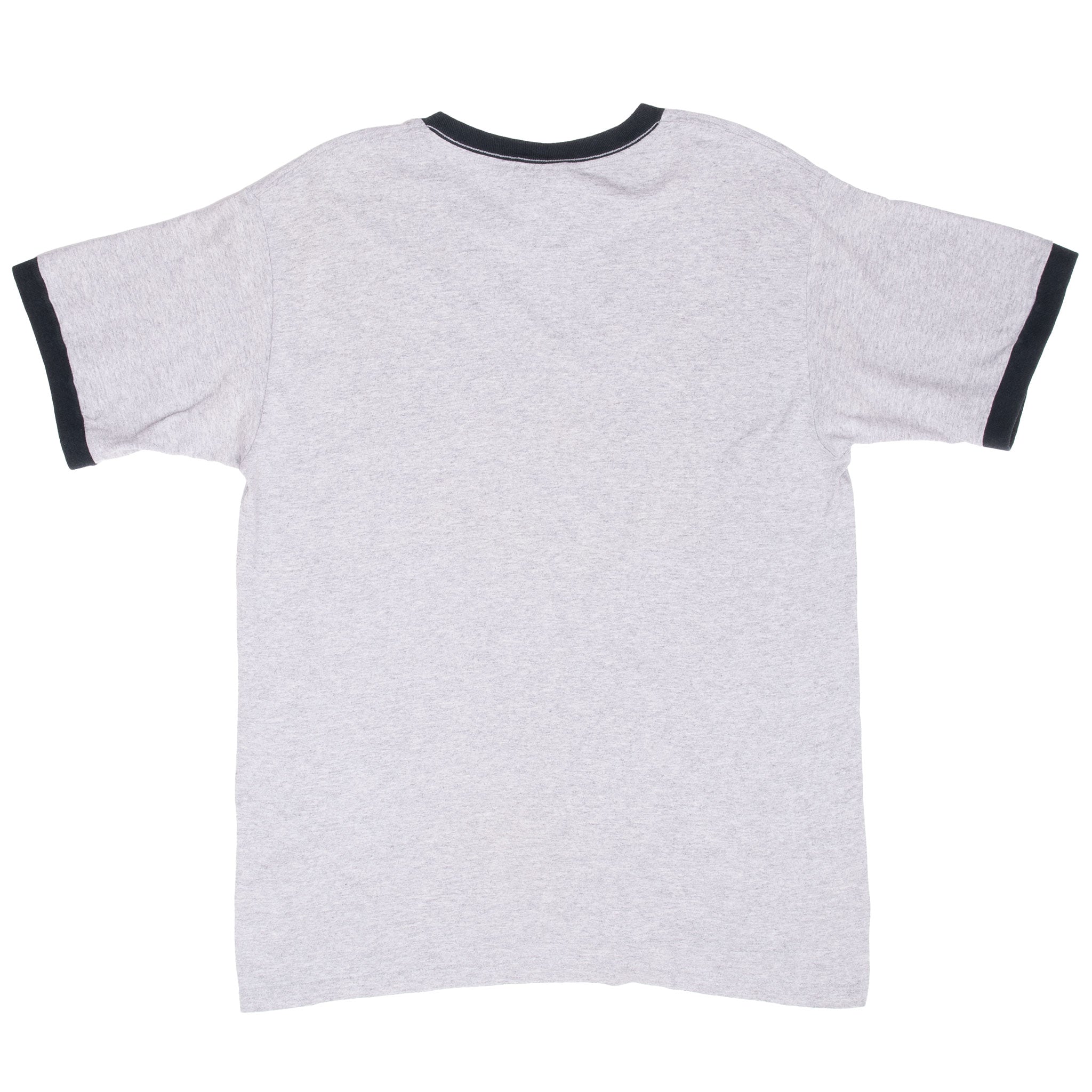 Back of grey Nike ringer T-shirt with black collar and sleeve trim