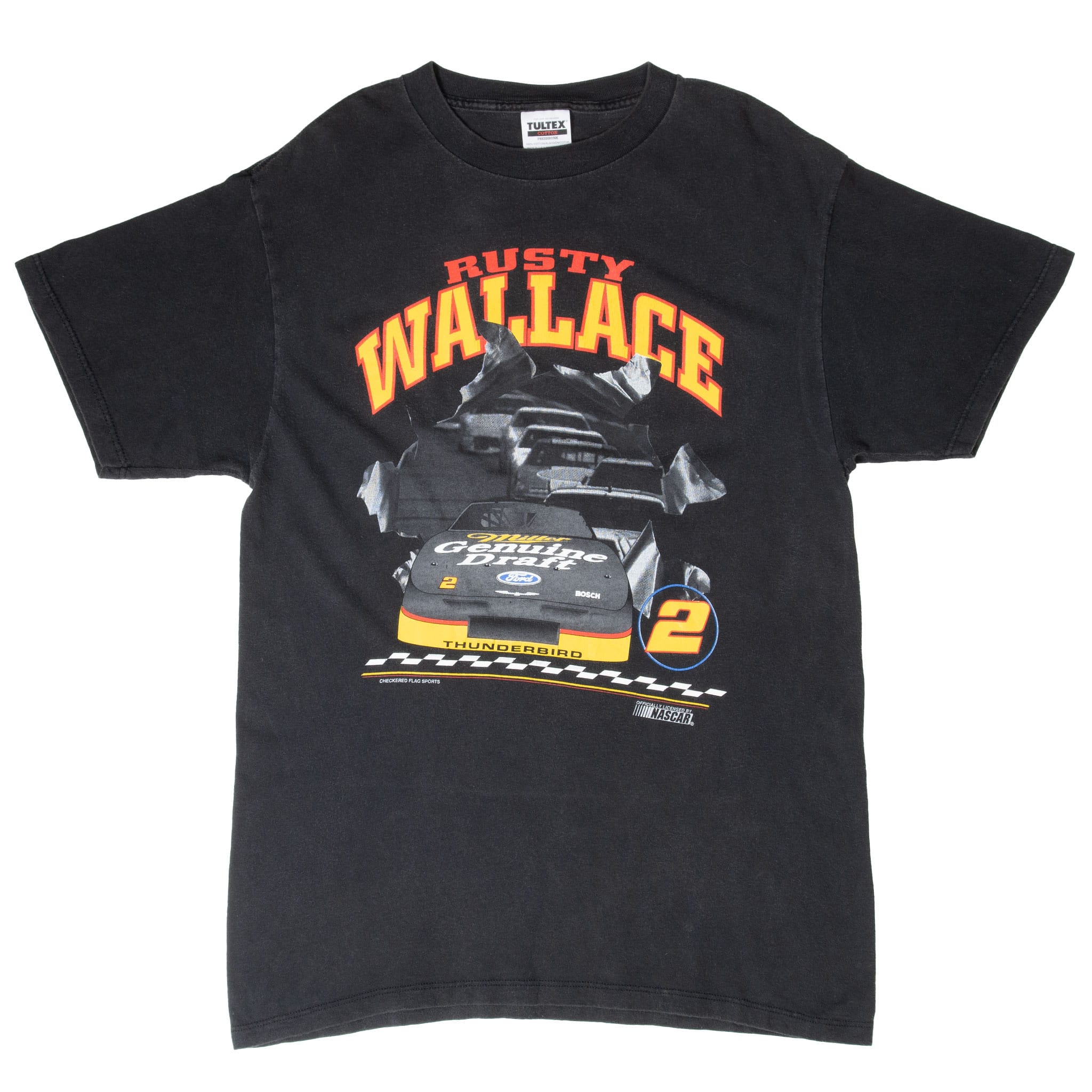Full front view of black Rusty Wallace NASCAR T-shirt with No. 2 Miller Genuine Draft car graphic