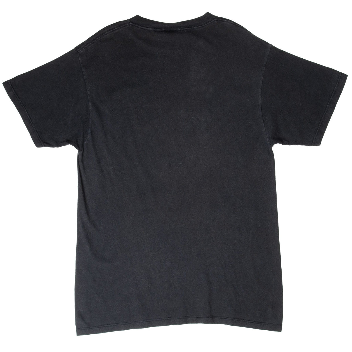 Back of black short-sleeve crew-neck T-shirt with no graphic