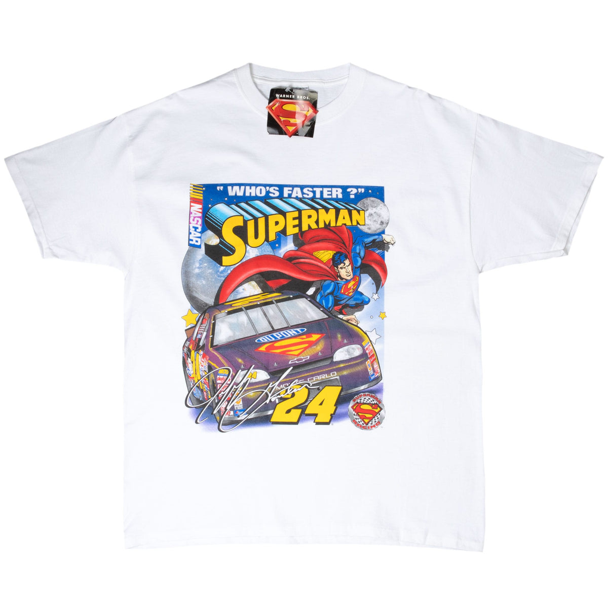 Full front view of white Jeff Gordon T-shirt with Superman and No. 24 DuPont race car graphic