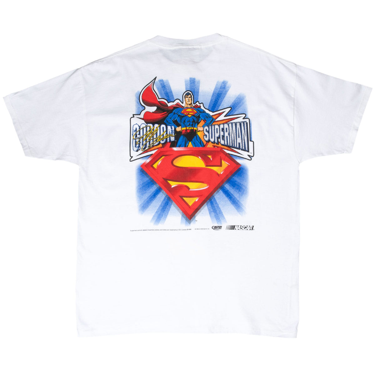 Back of white Jeff Gordon T-shirt with Superman, shield emblem, signature and NASCAR branding