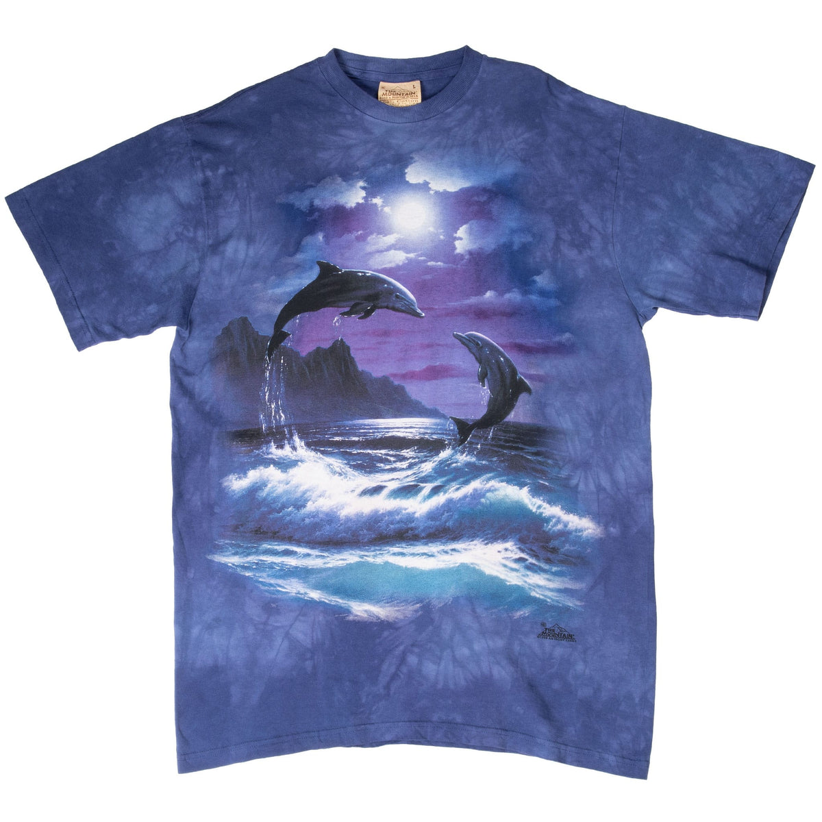 Full front view of The Mountain tie-dye T-shirt with two dolphins and moonlit ocean graphic