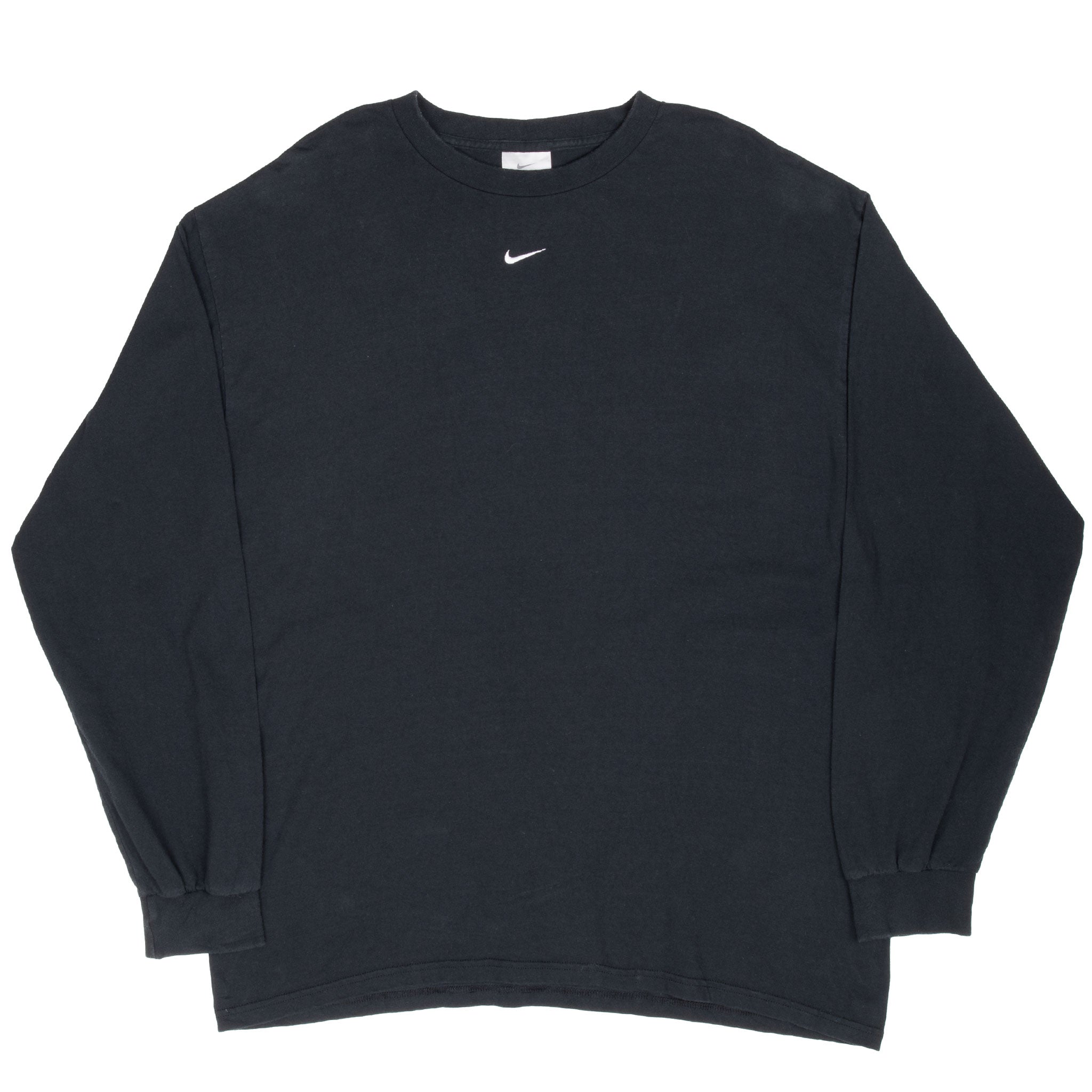 Full front view of black Nike long-sleeve T-shirt with ribbed cuffs and center Swoosh