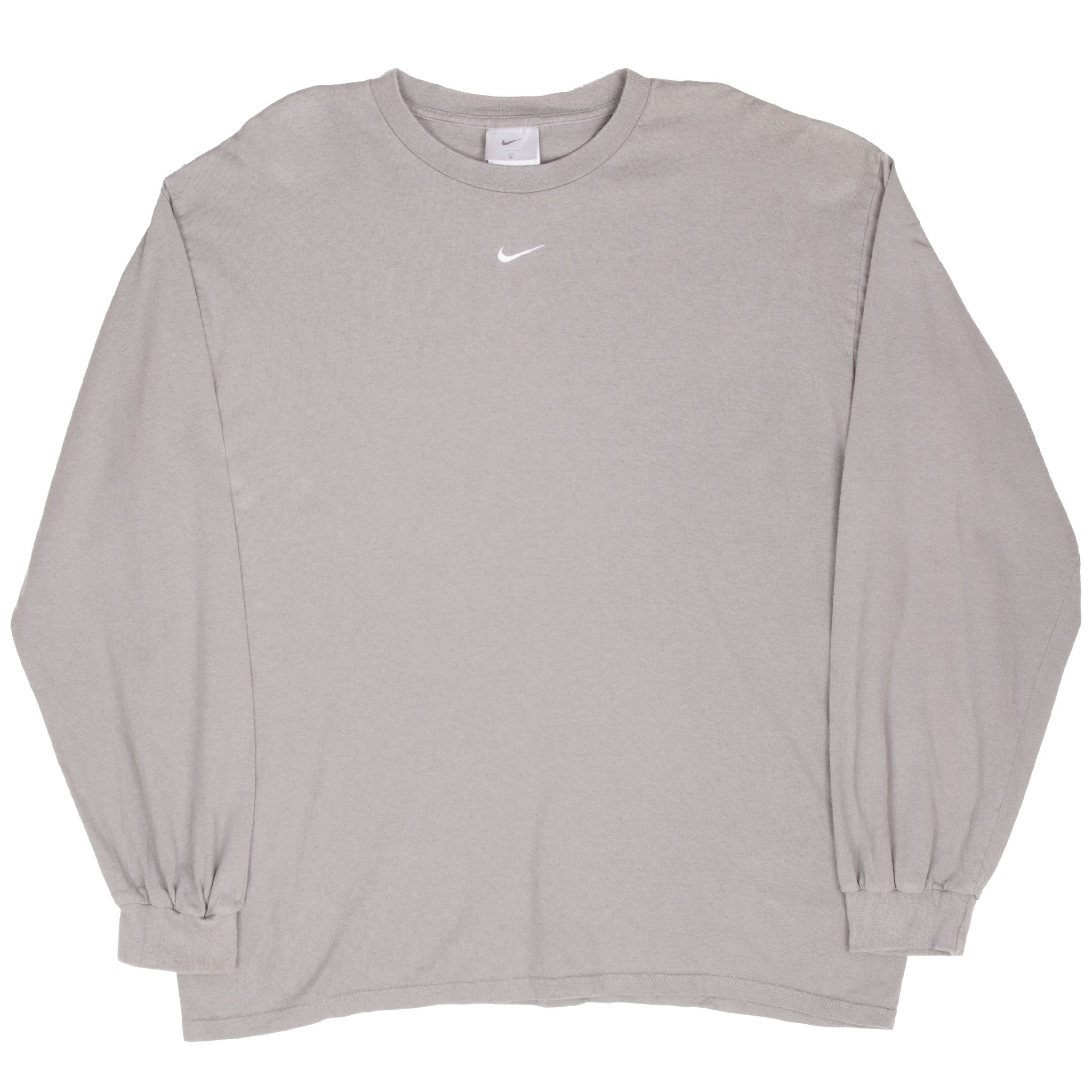 Full front view of grey Nike long-sleeve T-shirt with ribbed cuffs and white center Swoosh