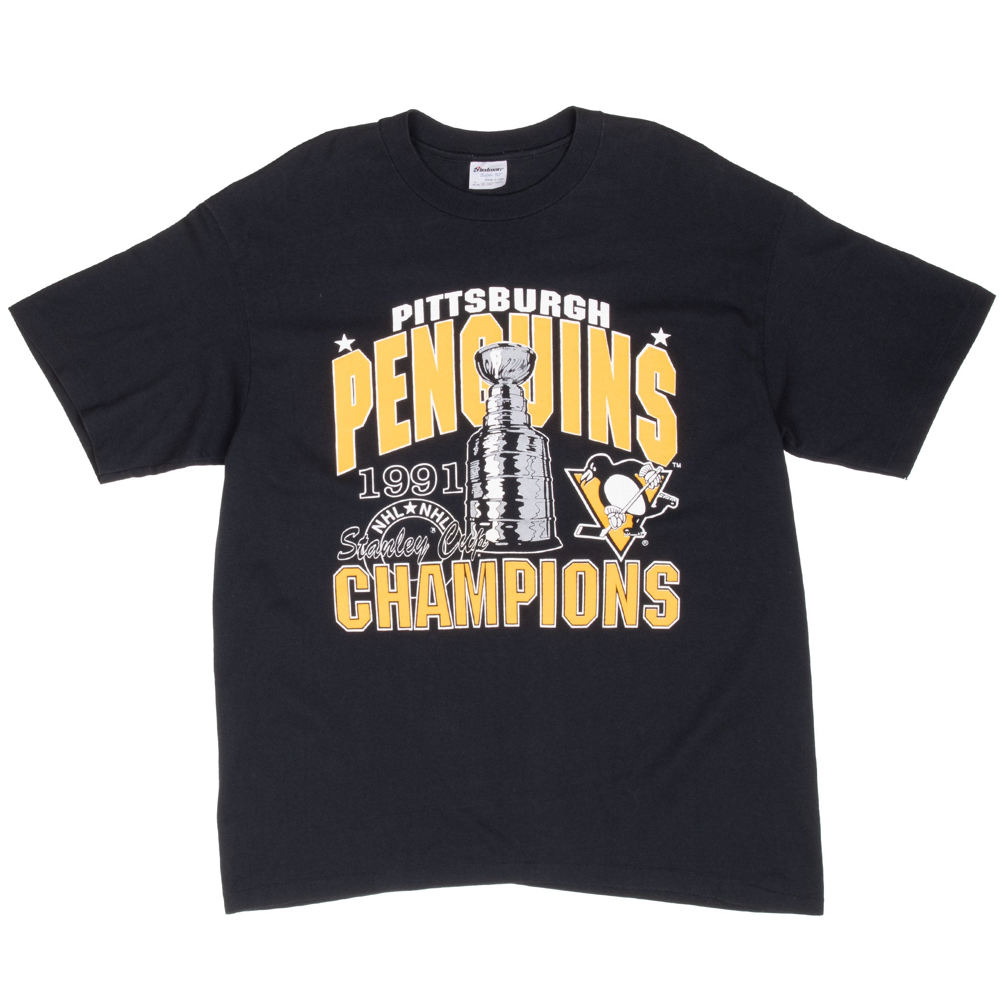Full front of black Pittsburgh Penguins 1991 Stanley Cup Champions T-shirt