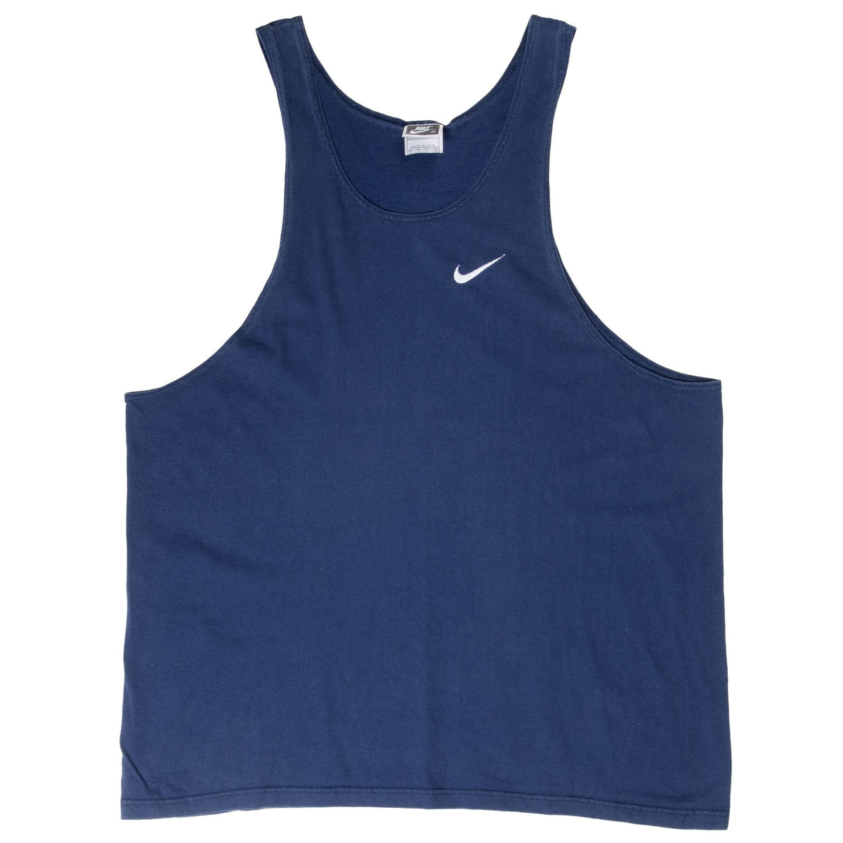Full front view of navy blue Nike tank top with white Swoosh embroidery