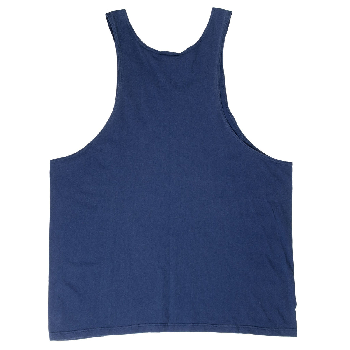 Back of navy blue Nike tank top with scoop neckline and deep-cut armholes