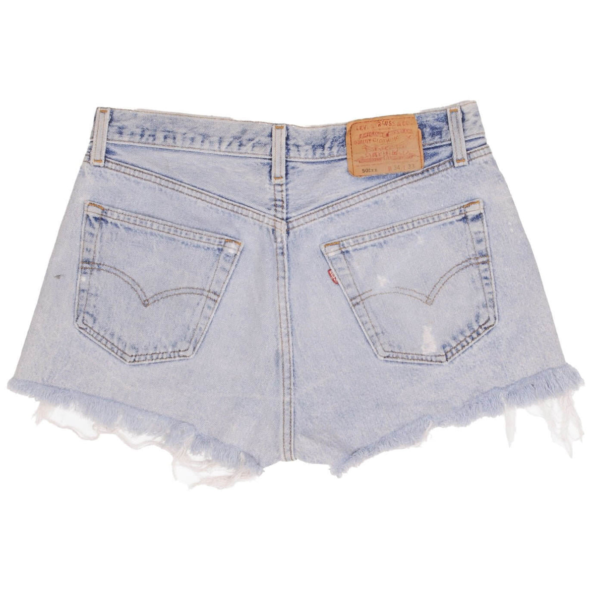 Beautiful ndigo Levis 501 Short Jeans Made in USA with a light blue wash 1990S Size 32 Back Button #524
