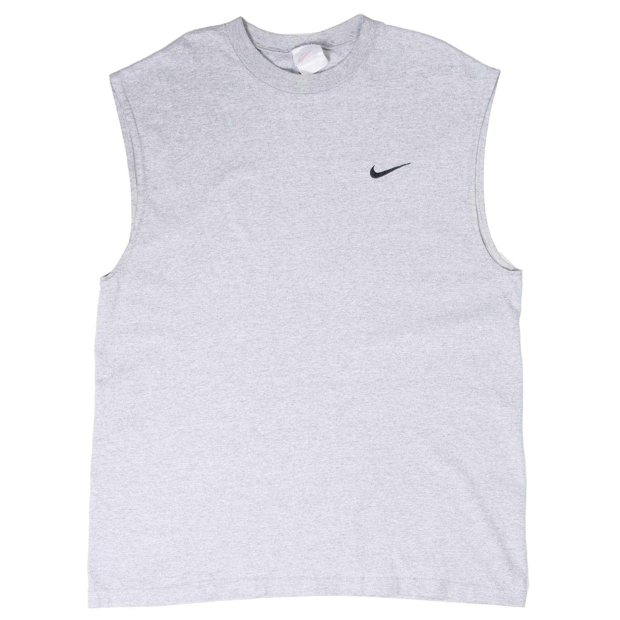 Full front of grey Nike tank top with crew neck, deep armholes, and black Swoosh