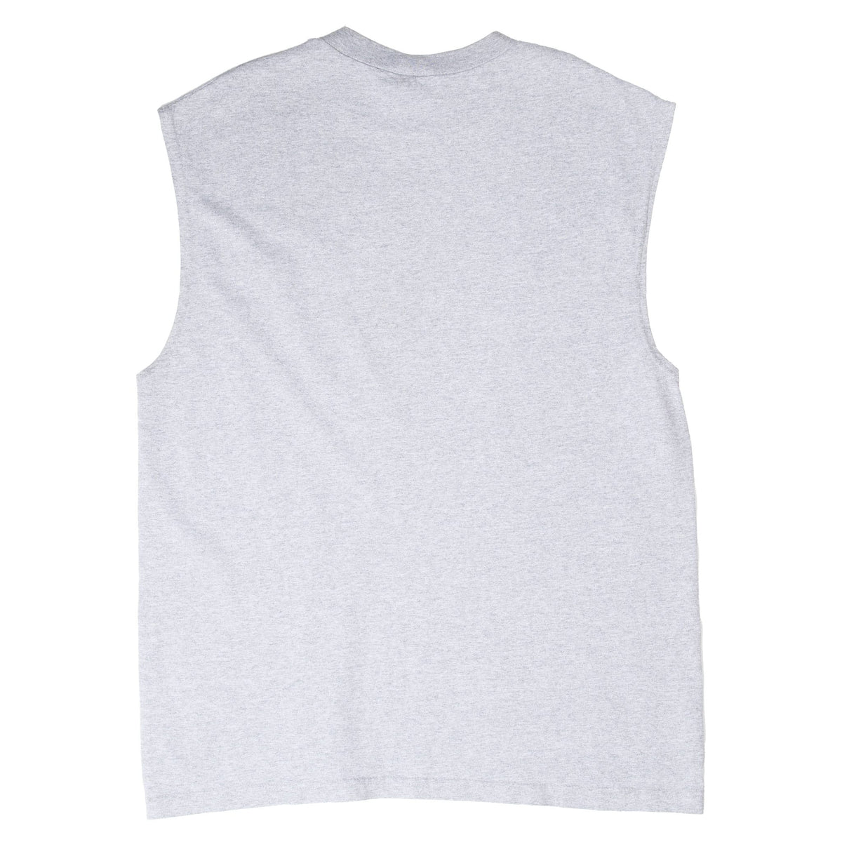 Full back of plain grey Nike tank top with wide shoulders and deep armholes
