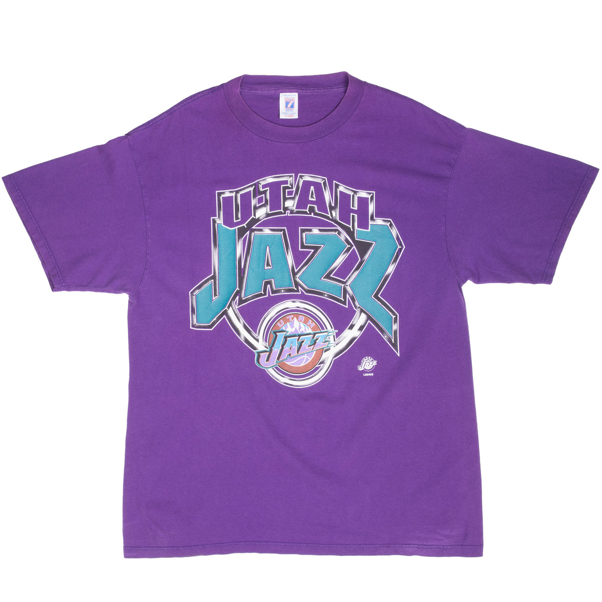 Front of purple Utah Jazz T-shirt with large teal and black team graphic