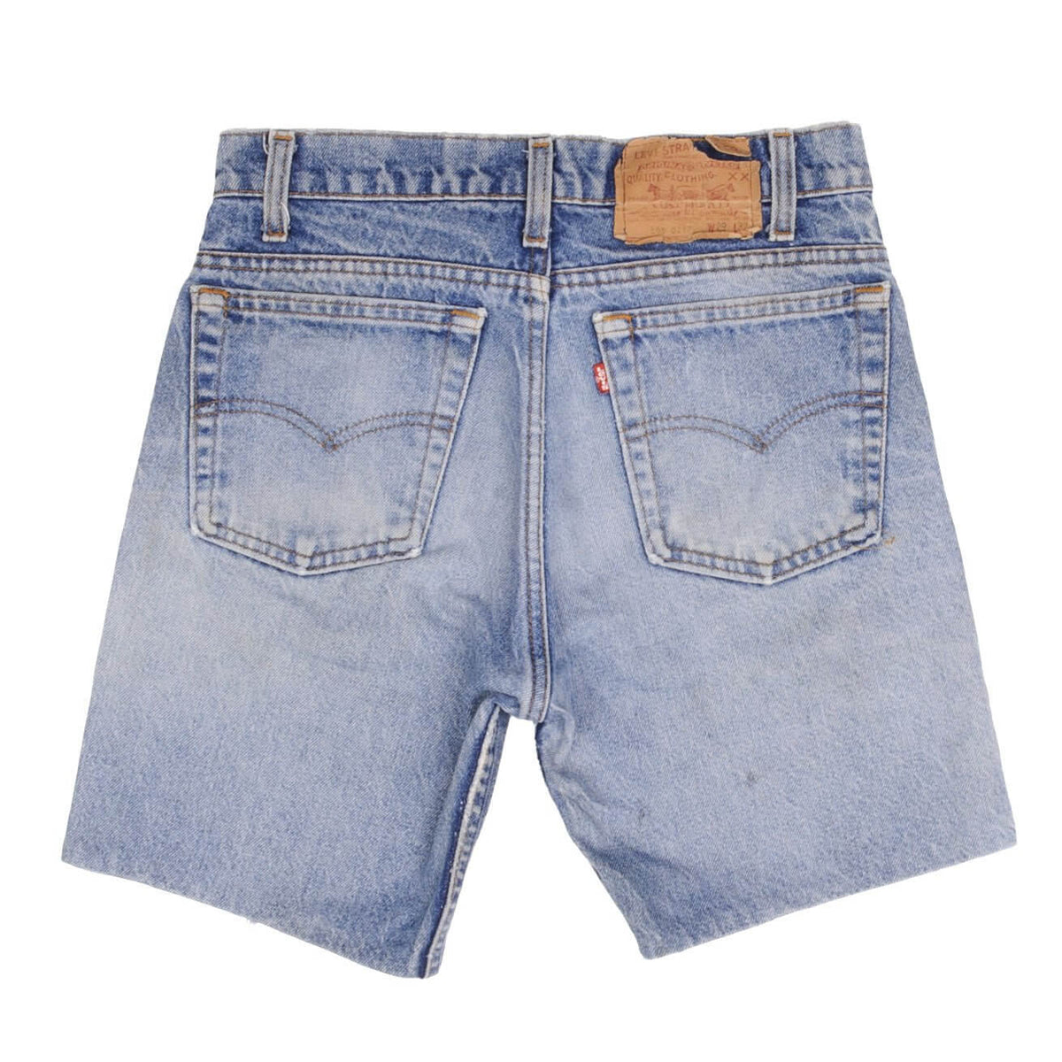 Beautiful Indigo Levis 505 Short Jeans Made in USA with a medium light blue wash 1980S With Light Whiskers Size 28 Back Button #513