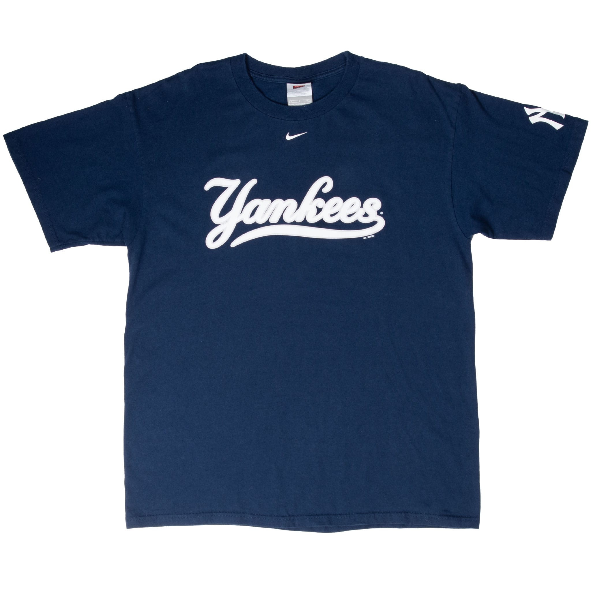 Full front view of navy Nike Yankees T-shirt with white chest graphic and sleeve logo