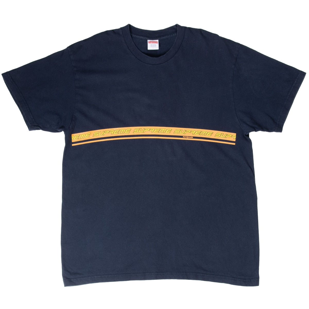 Front of black Supreme Hardgoods T-shirt with orange outlined logo stripe