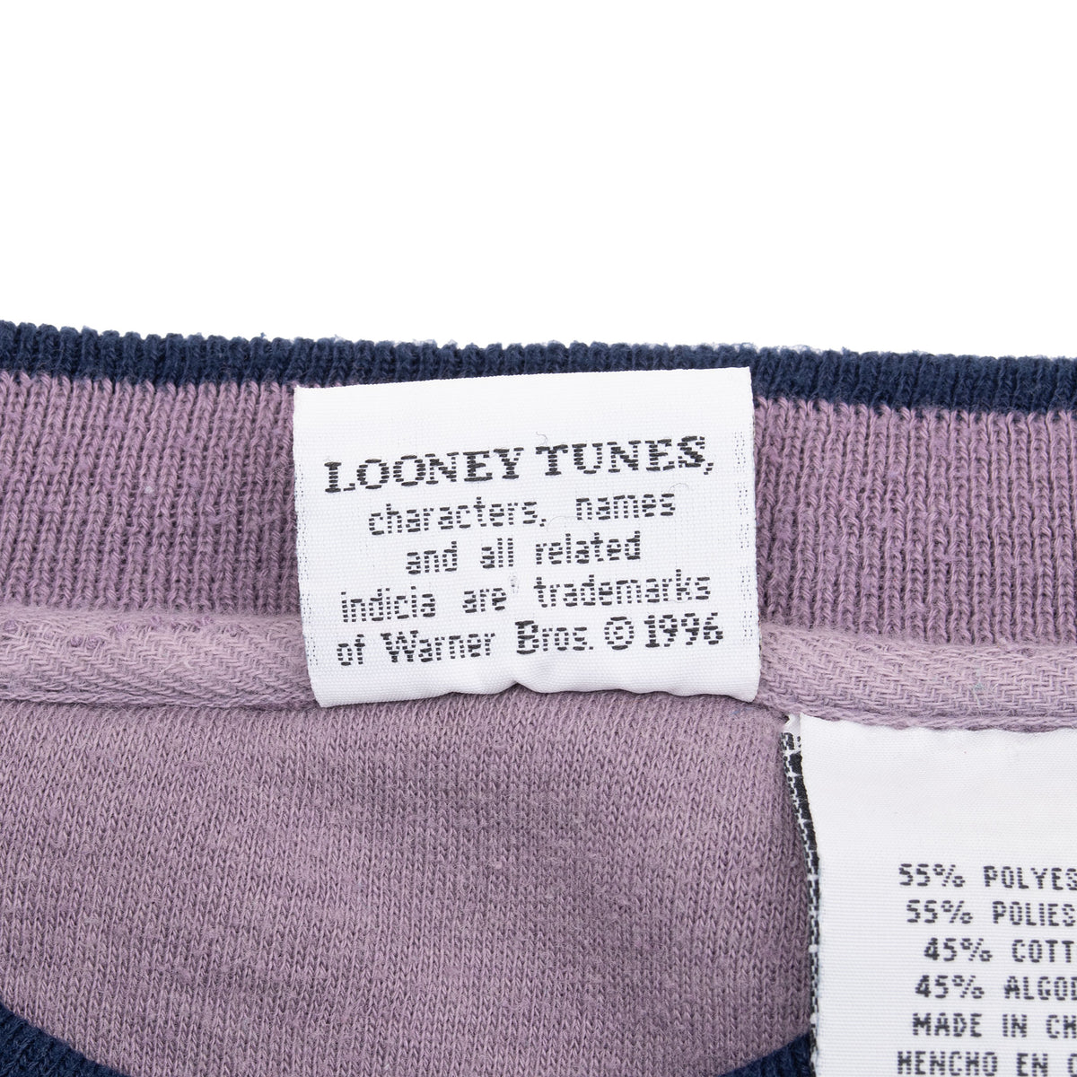 Close-up of Looney Tunes Warner Bros. copyright label at back collar