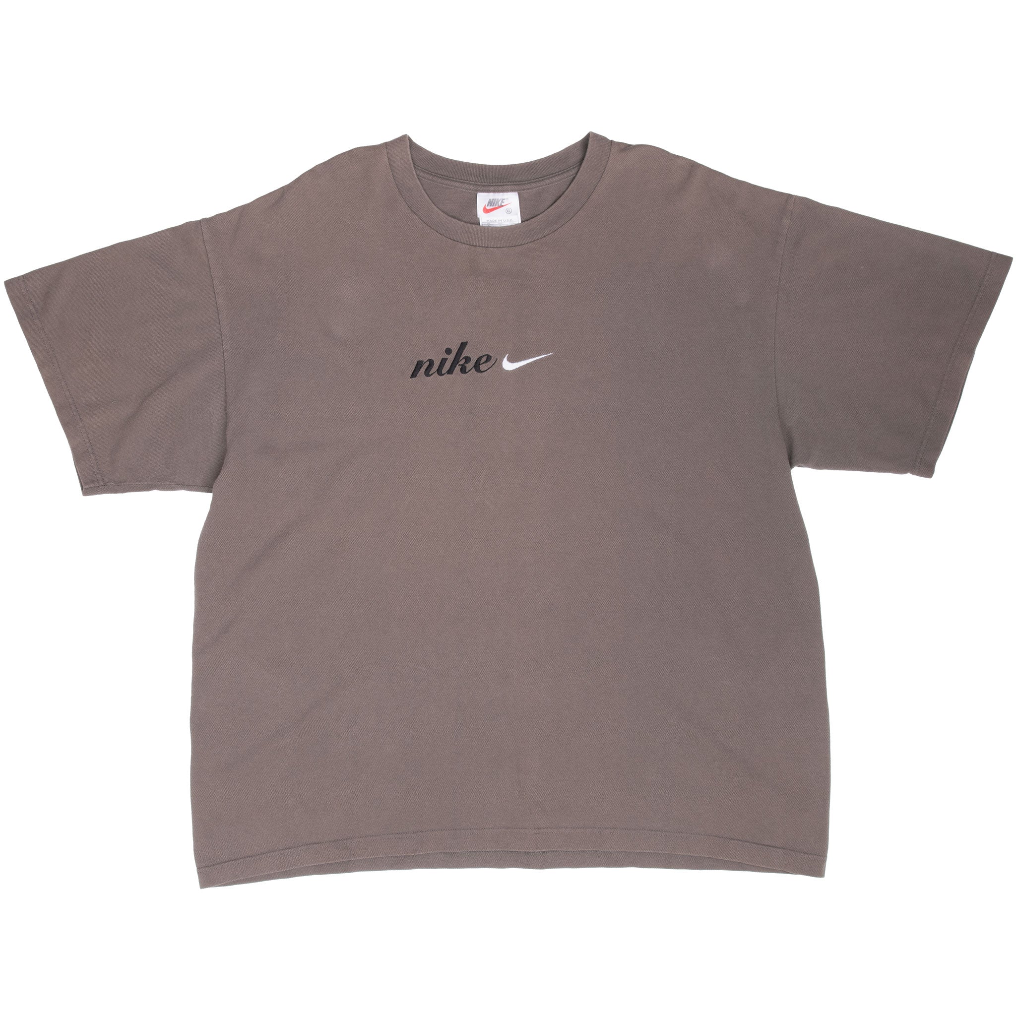 Front of brown Nike short-sleeve T-shirt with small black spellout and white Swoosh