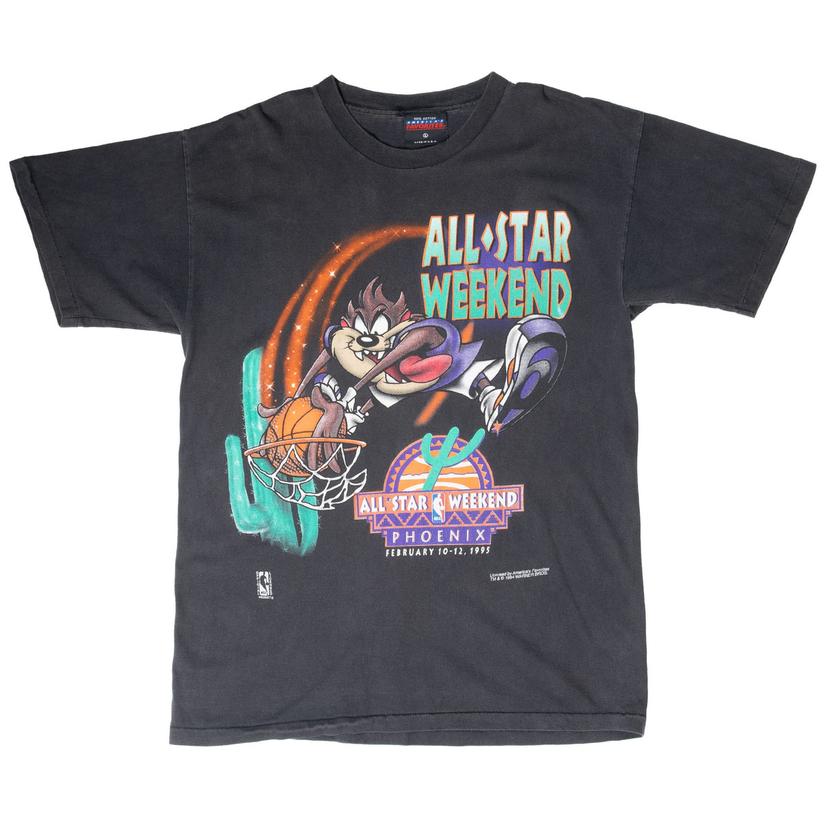 Front of black NBA Phoenix All-Star Weekend T-shirt featuring Looney Tunes Taz dunking