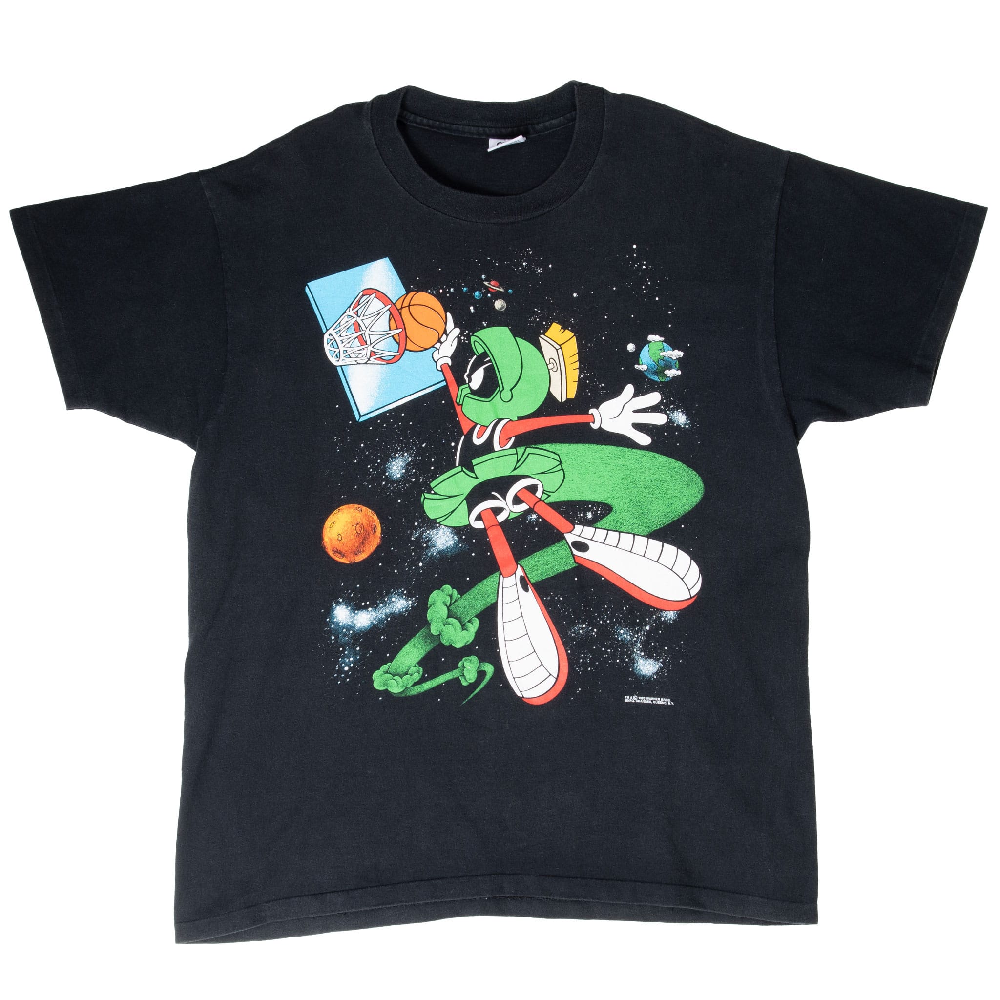 Full front view of black Marvin the Martian basketball graphic T-shirt