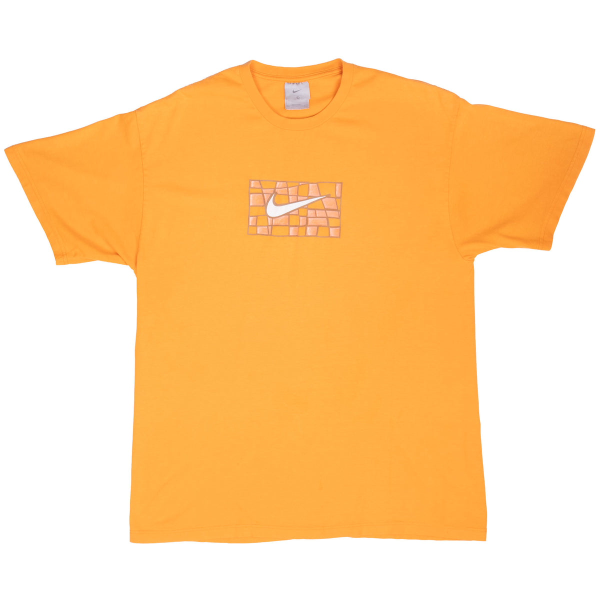 Full front of orange Nike T-shirt with white center Swoosh over tonal grid graphic