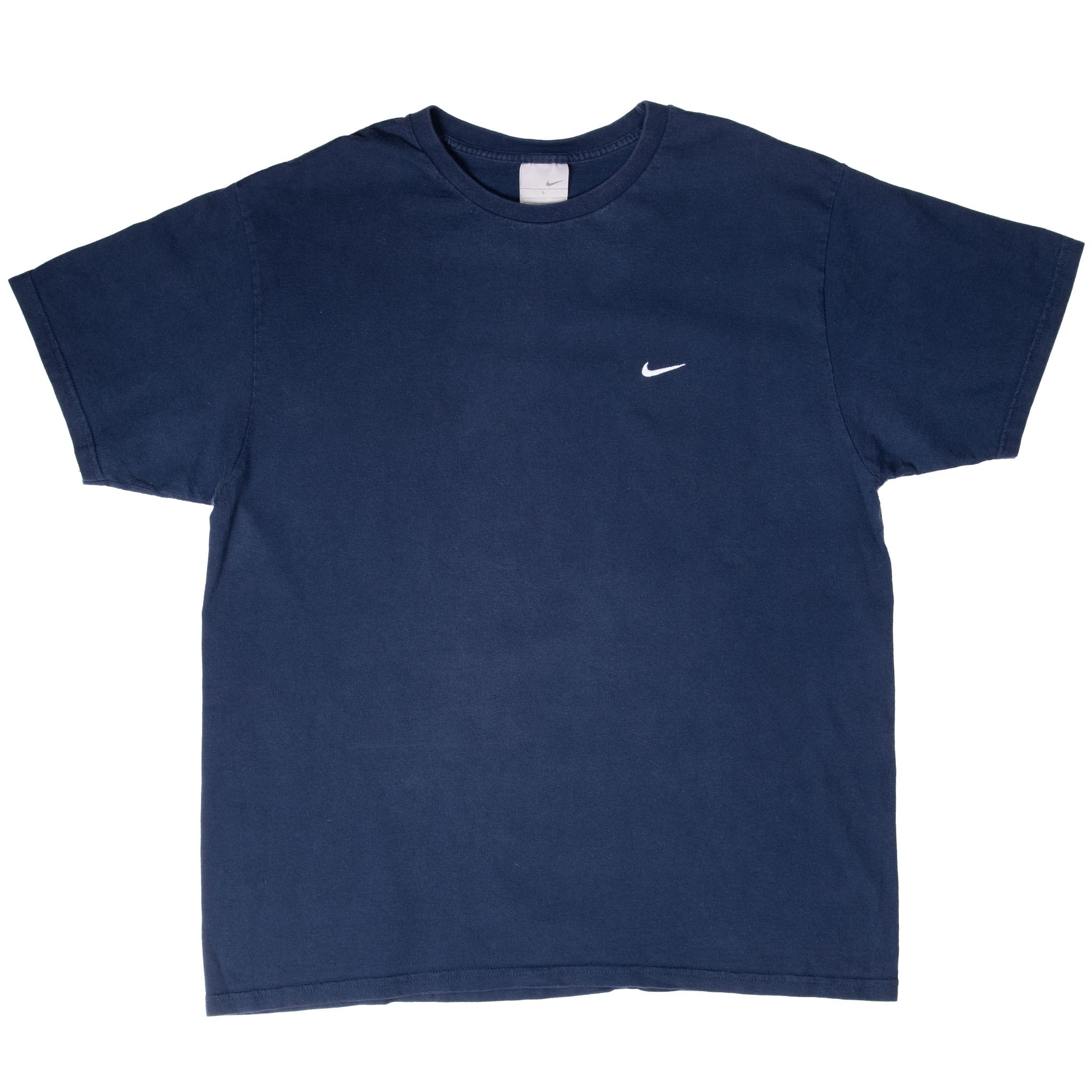 Full front view of navy blue Nike short-sleeve T-shirt with small white chest Swoosh