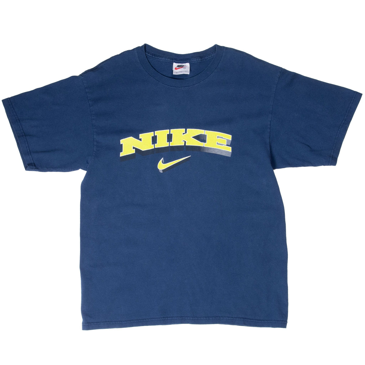 Full front of blue Nike crewneck T-shirt with yellow spellout and Swoosh graphic