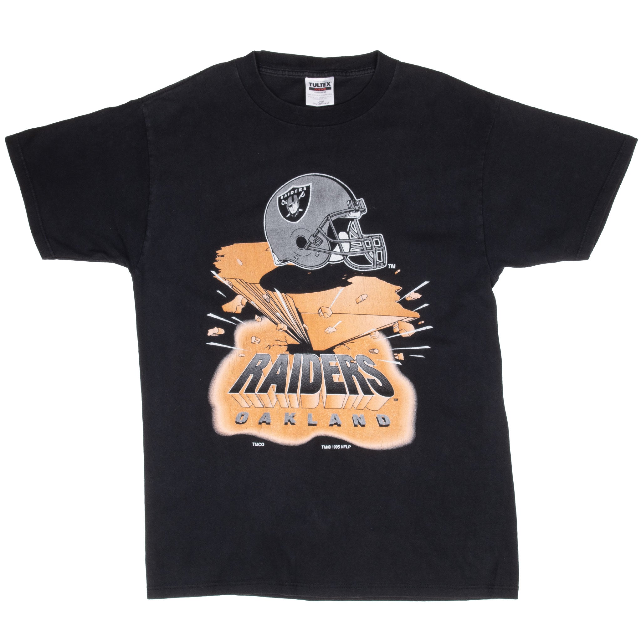 Full front view of black Oakland Raiders T-shirt with helmet graphic
