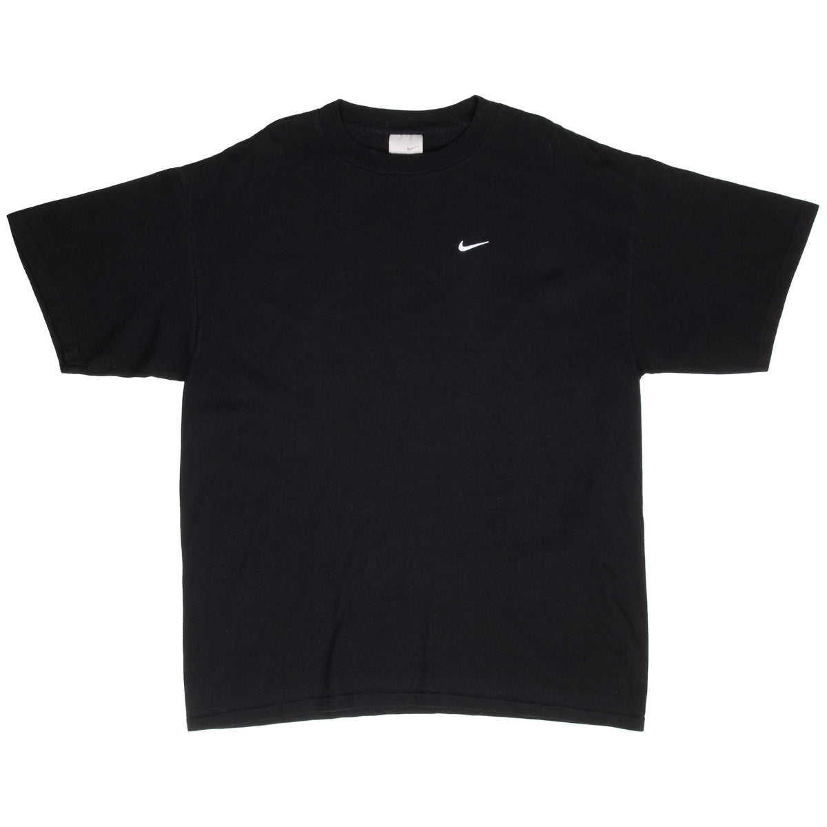 Full front view of black Nike short-sleeve T-shirt with white Swoosh