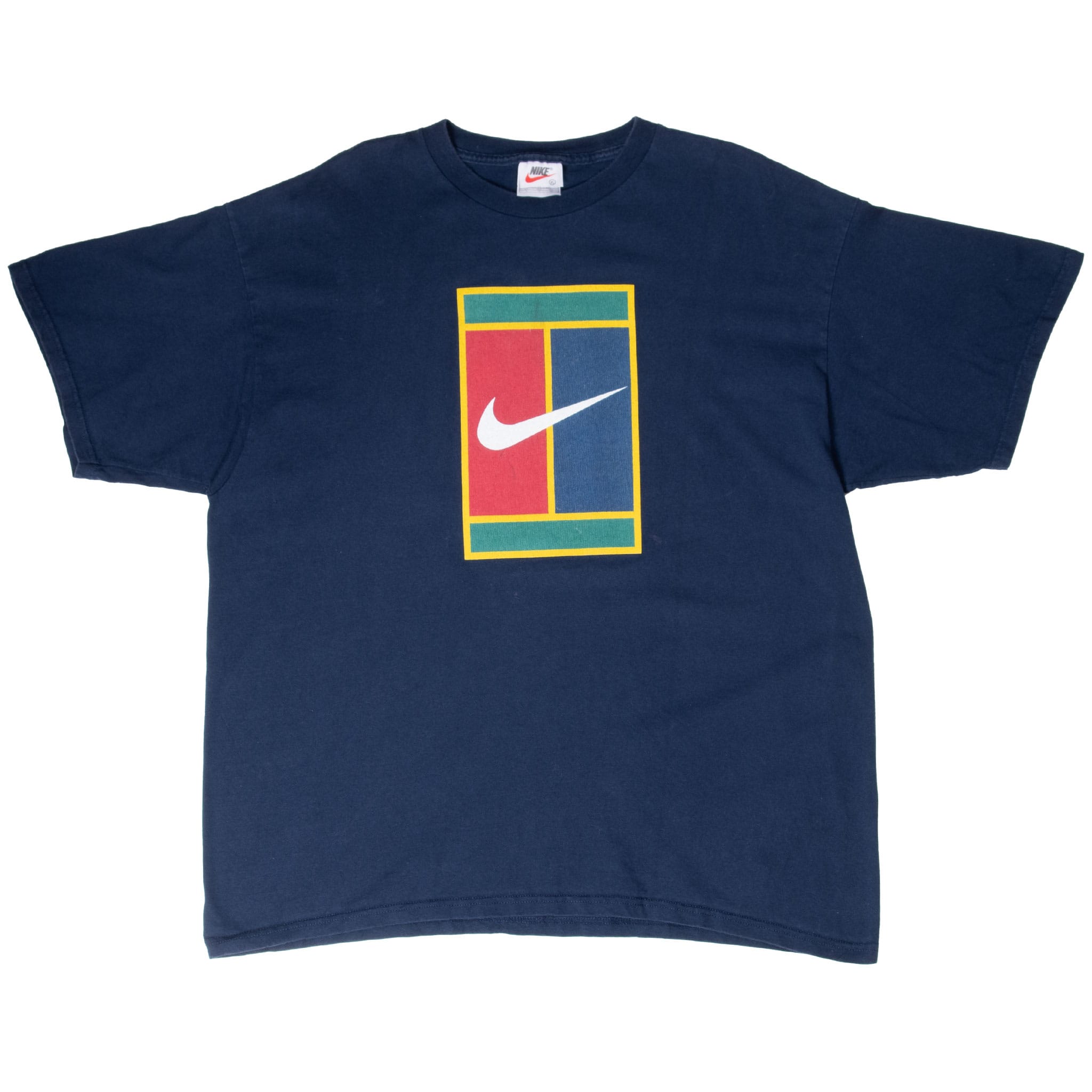 Full front of navy Nike Court T-shirt with multicolor tennis-court graphic and white Swoosh