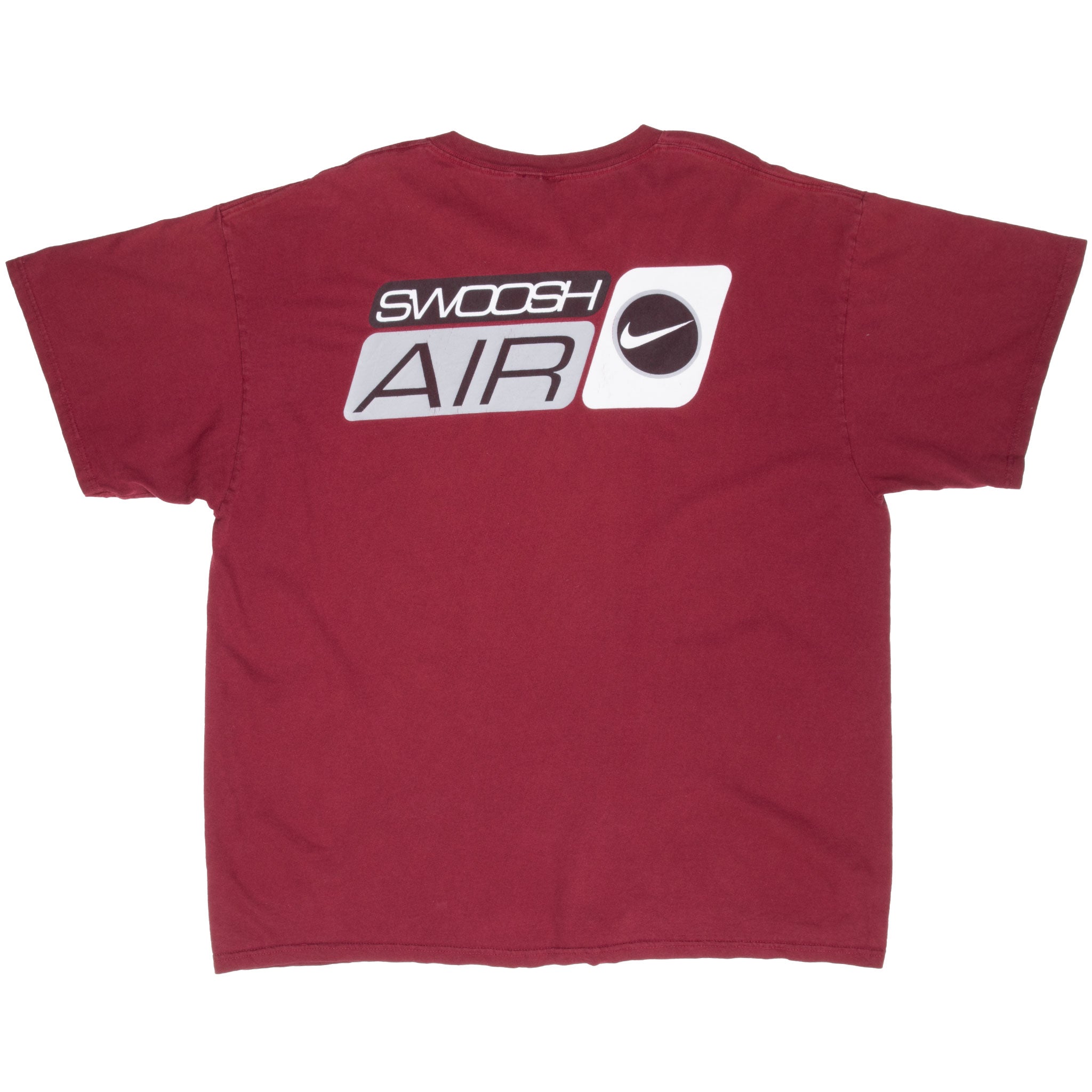 Back of burgundy Nike T-shirt with Swoosh Air graphic across the upper back