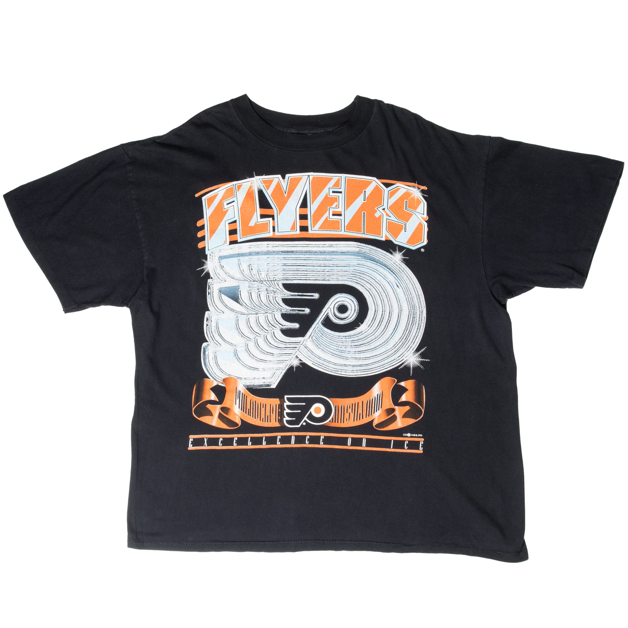 Full front view of black Philadelphia Flyers graphic T-shirt