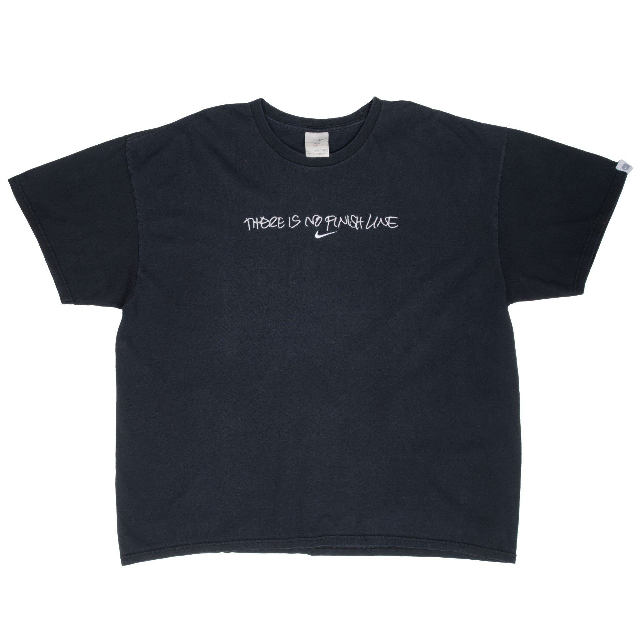 Front of black Nike crewneck T-shirt with white There Is No Finish Line chest embroidery