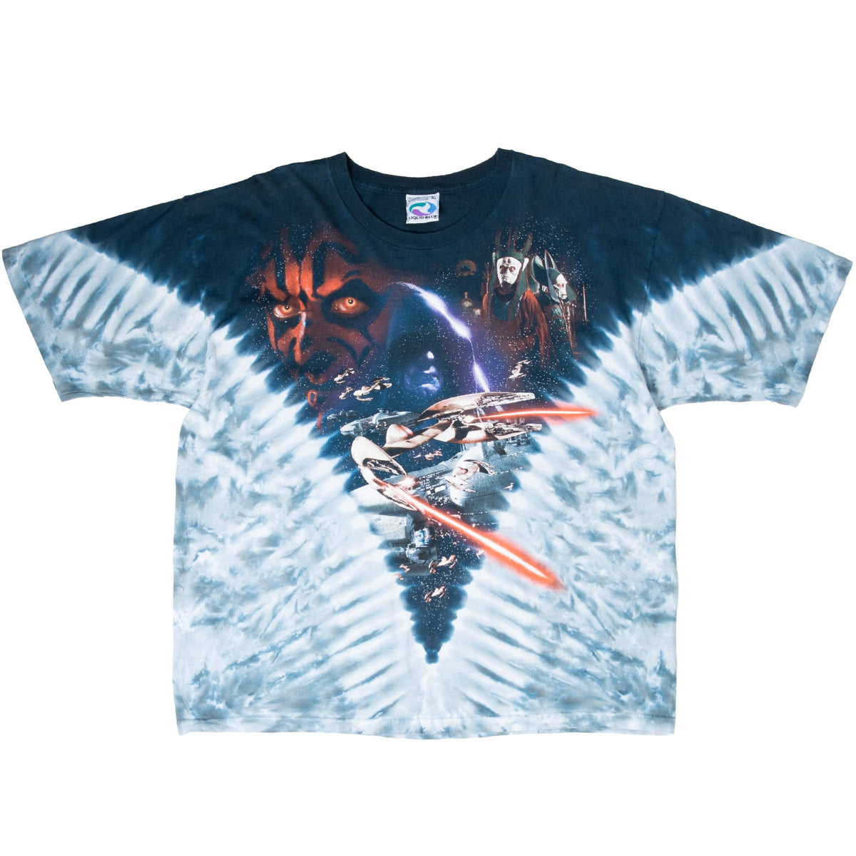 Full front of blue-and-white Star Wars Episode I tie-dye T-shirt with space-battle graphic
