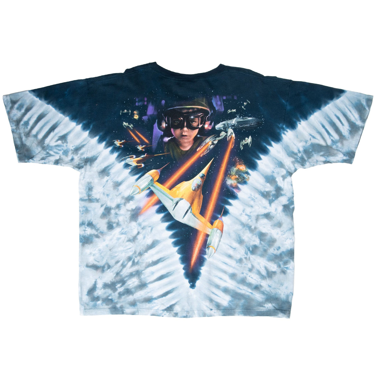 Back of blue-and-white Star Wars Episode I tie-dye T-shirt with Anakin Skywalker and starfighters