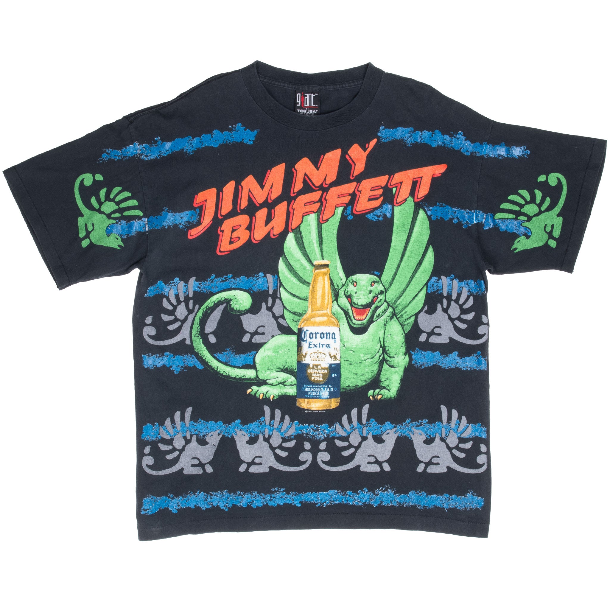 Front of black Jimmy Buffett tee with Corona Extra bottle, green winged lizard, and blue-gray print
