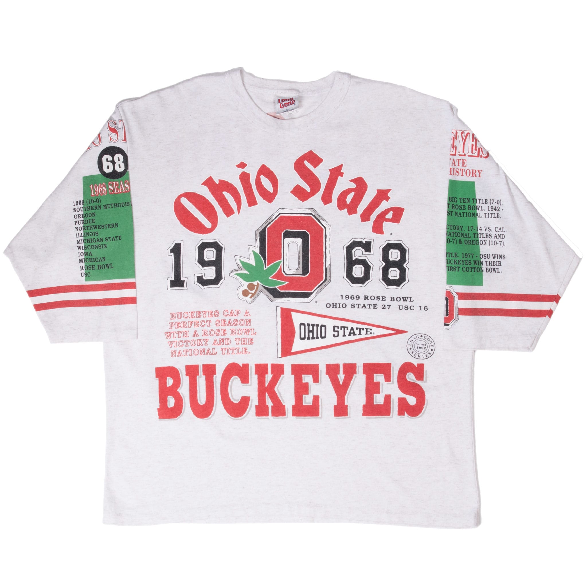 Full front of gray Ohio State Buckeyes 1968 National Champions long-sleeve T-shirt