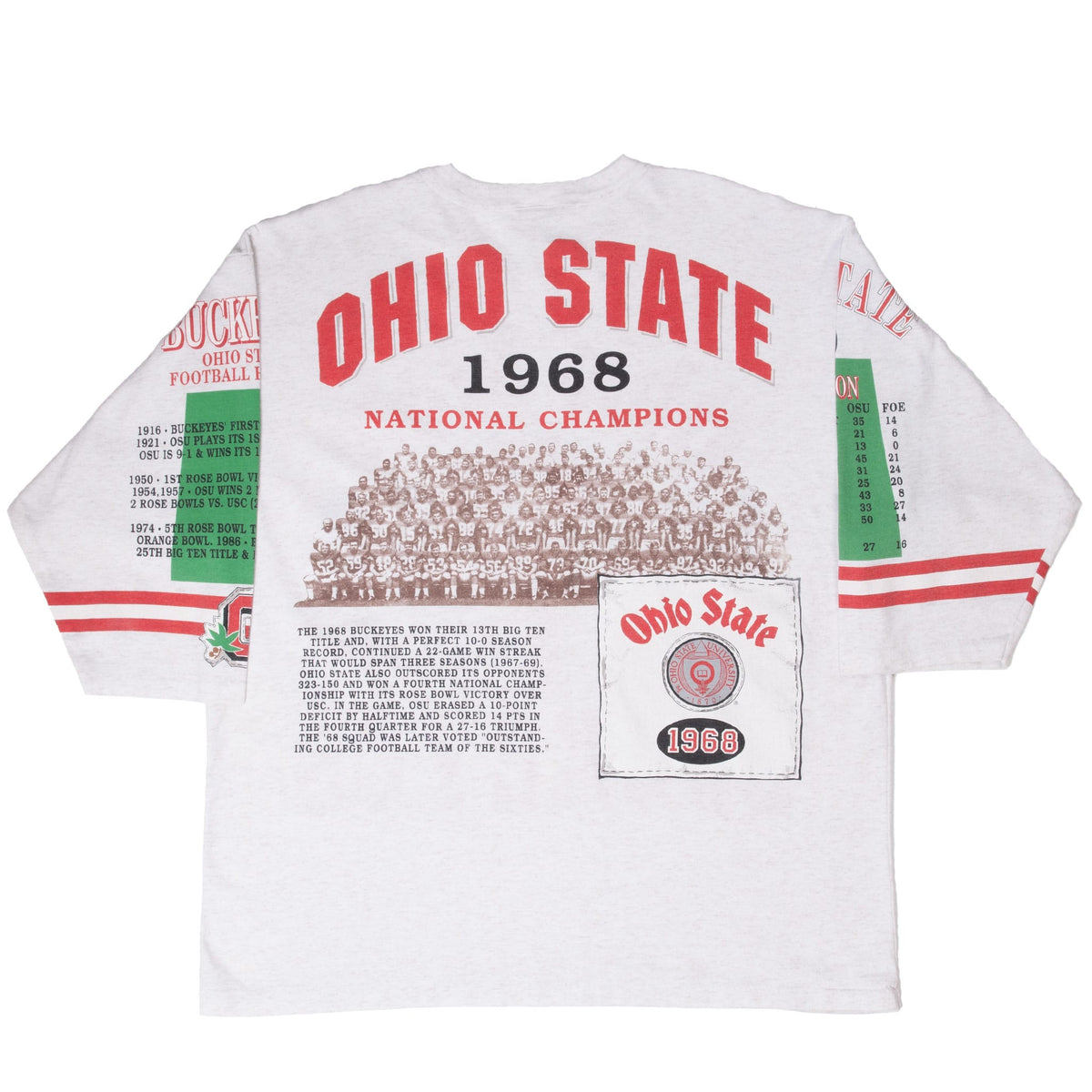 Back of gray Ohio State T-shirt with 1968 National Champions team photo and sleeve graphics
