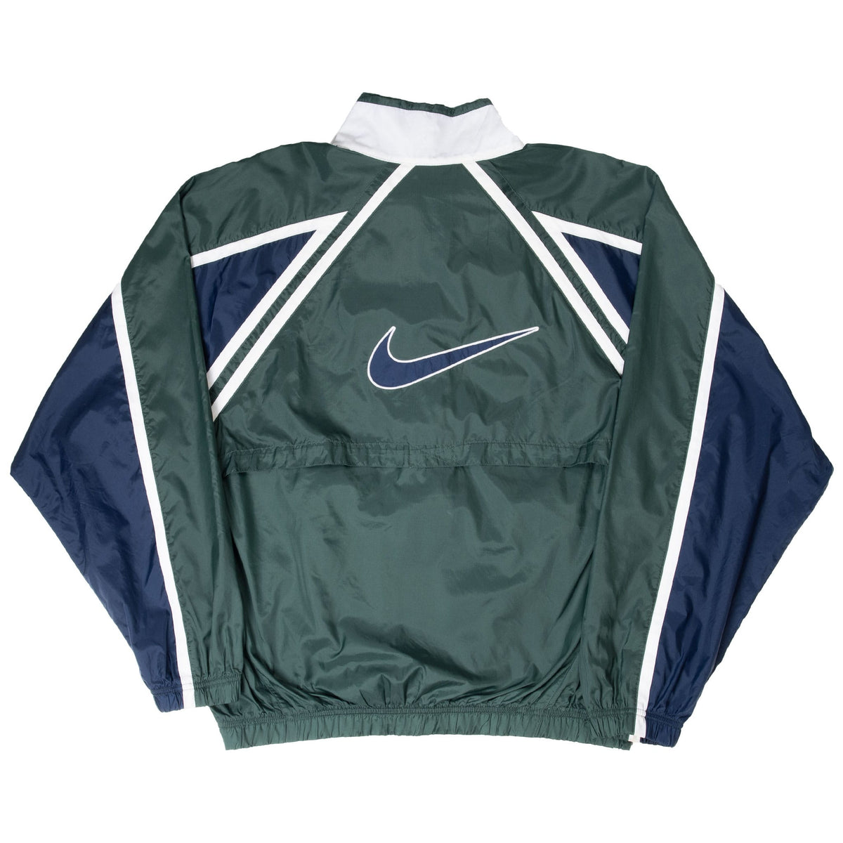 Back view of green Nike windbreaker with navy sleeves and oversized Swoosh graphic