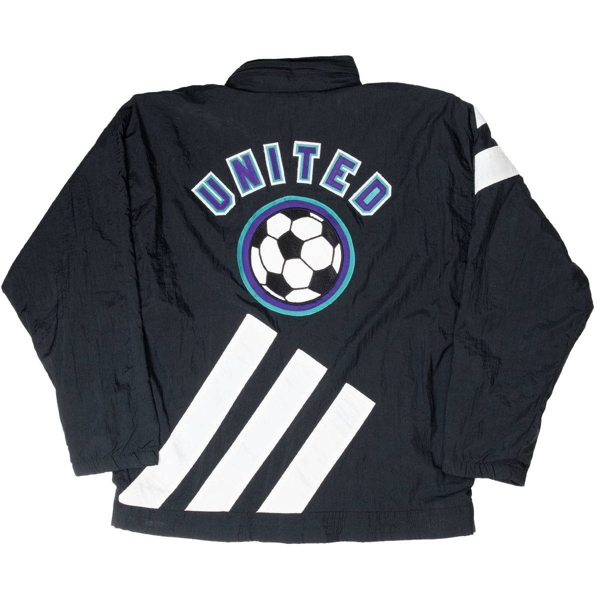 Full back of black Adidas jacket with United soccer emblem and white stripe graphics